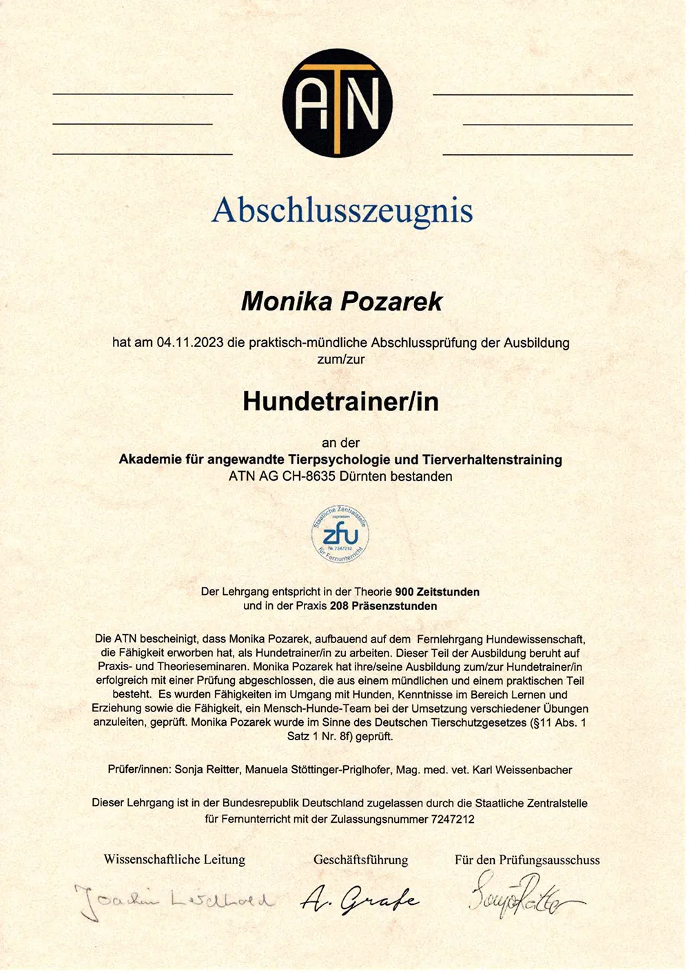 Zertifikat Hundetraining ATN prakt