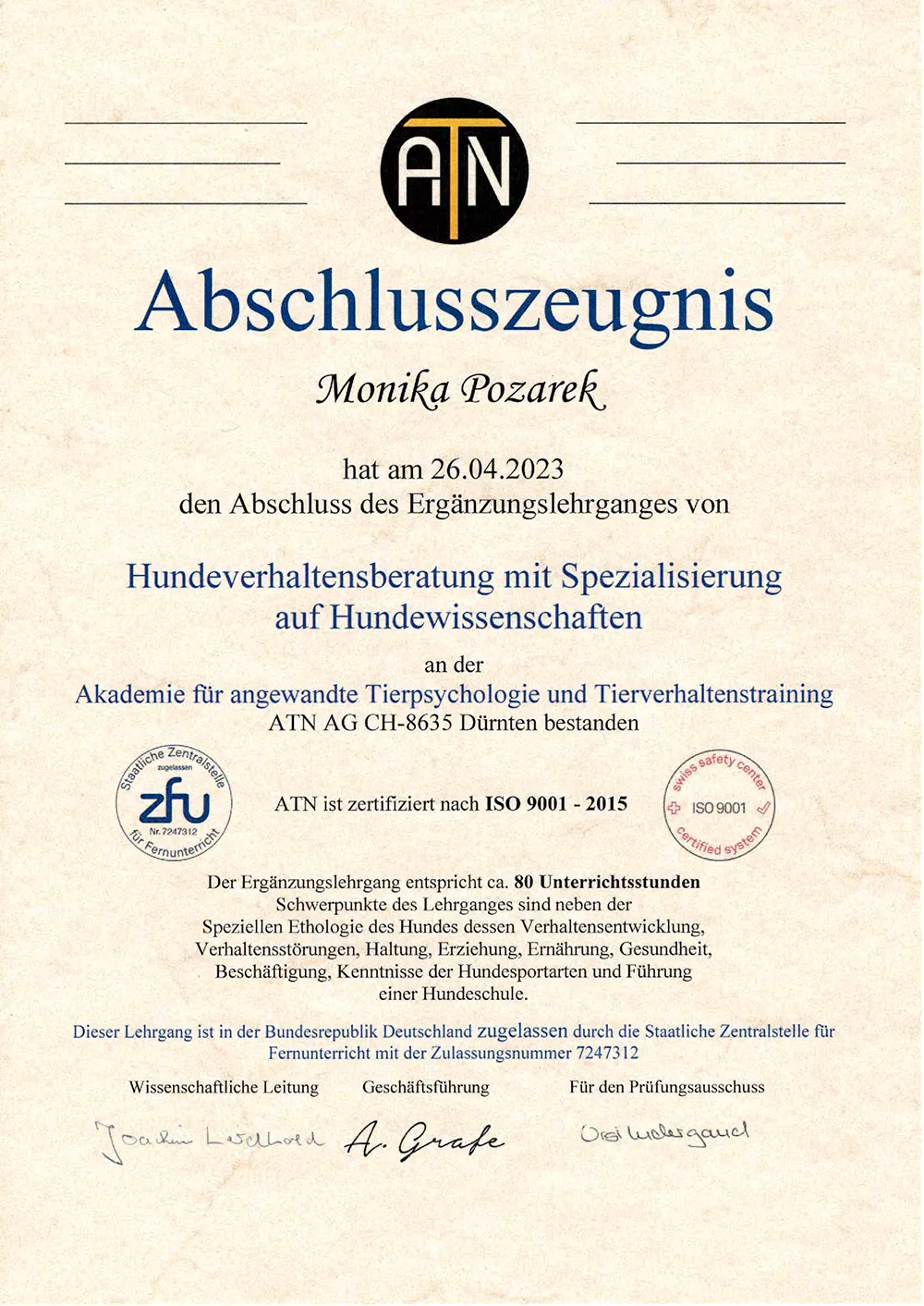 Zertifikat Hundeverhaltensberatung mit Spezialisierung ATN