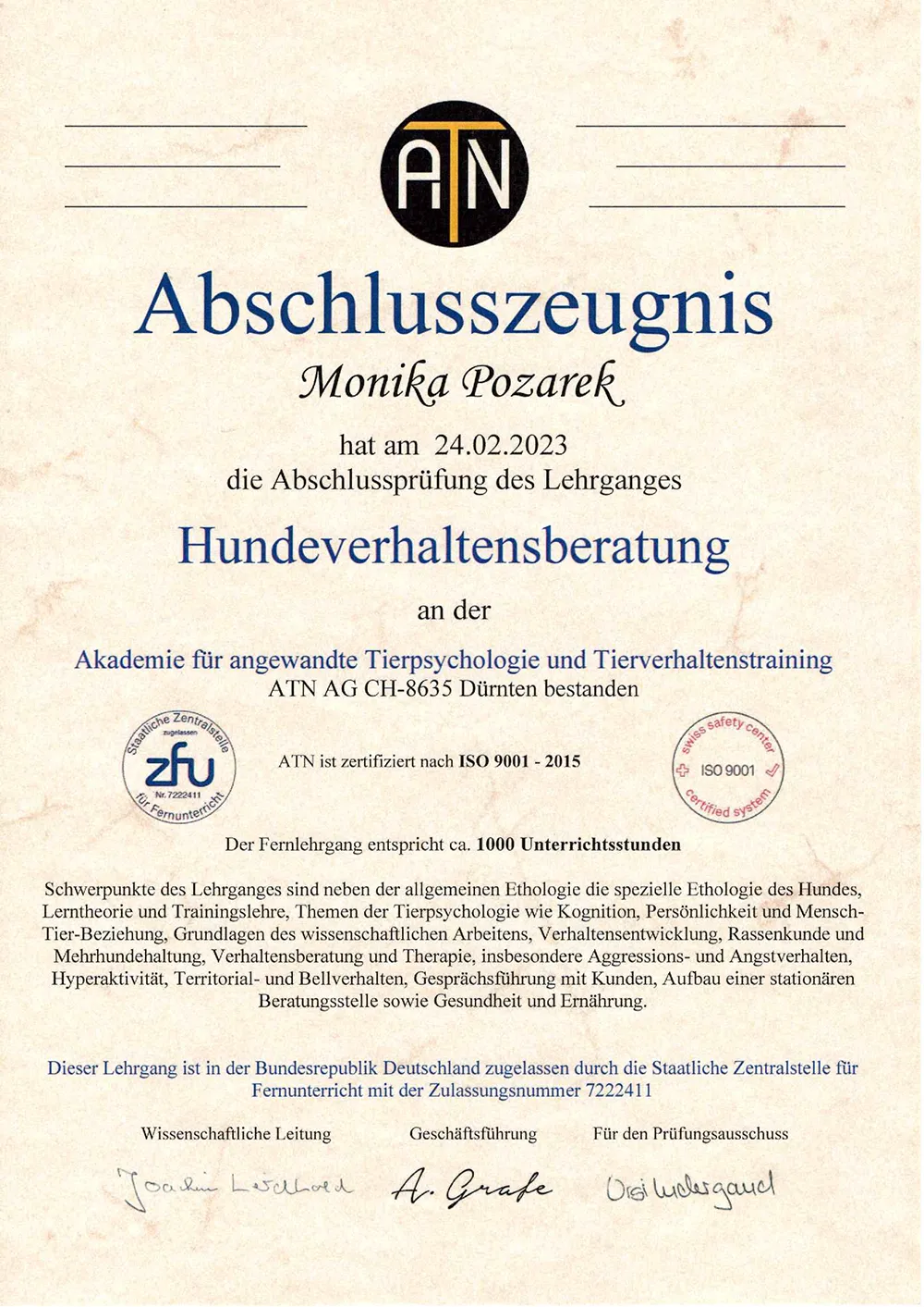Zertifikat Hundeverhaltensberatung ATN